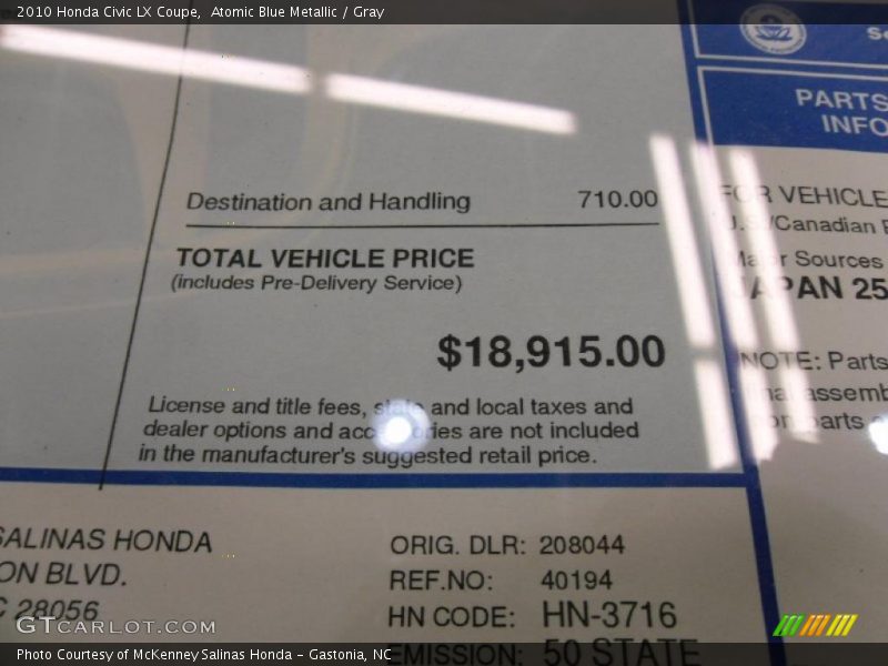 Atomic Blue Metallic / Gray 2010 Honda Civic LX Coupe