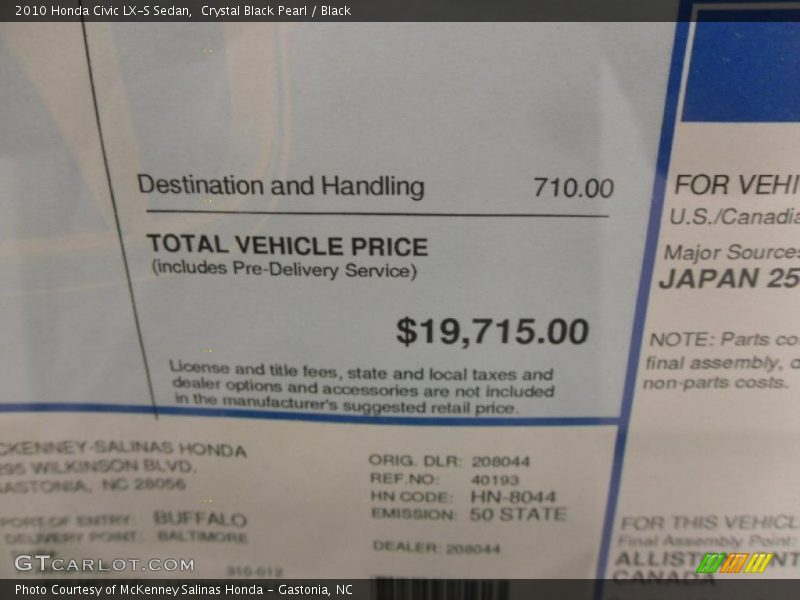 Crystal Black Pearl / Black 2010 Honda Civic LX-S Sedan