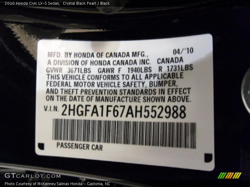 Crystal Black Pearl / Black 2010 Honda Civic LX-S Sedan