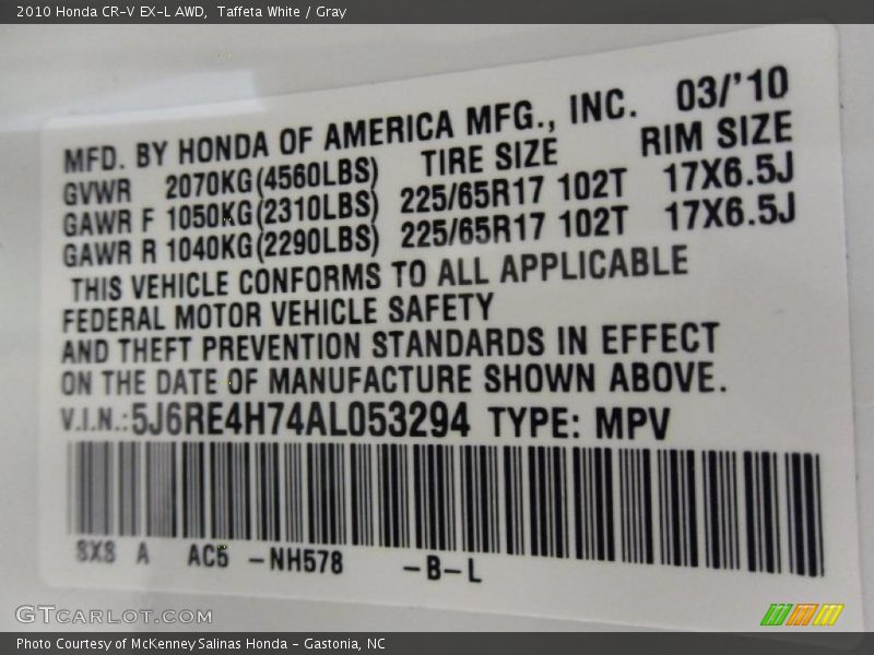 Taffeta White / Gray 2010 Honda CR-V EX-L AWD