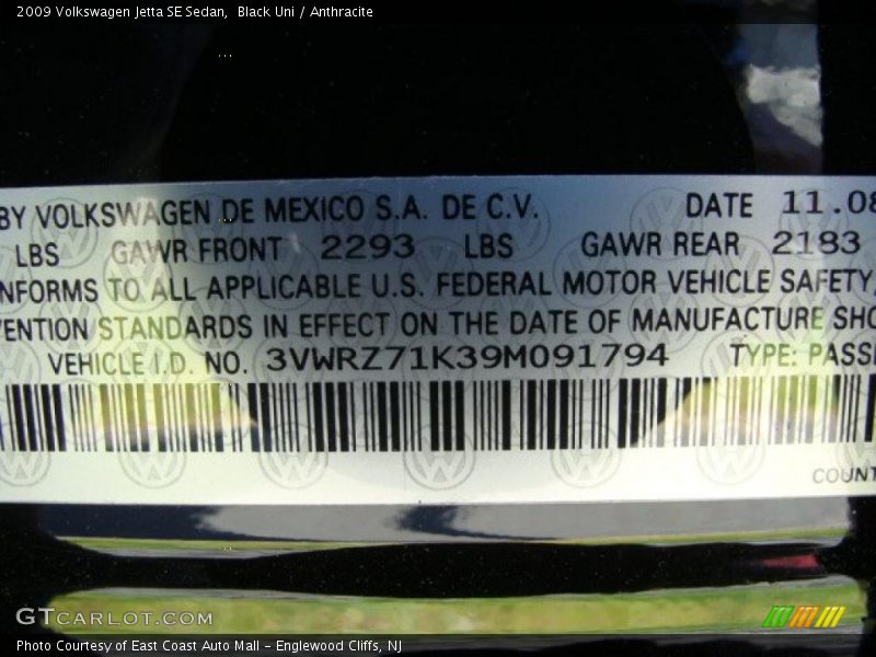 Black Uni / Anthracite 2009 Volkswagen Jetta SE Sedan