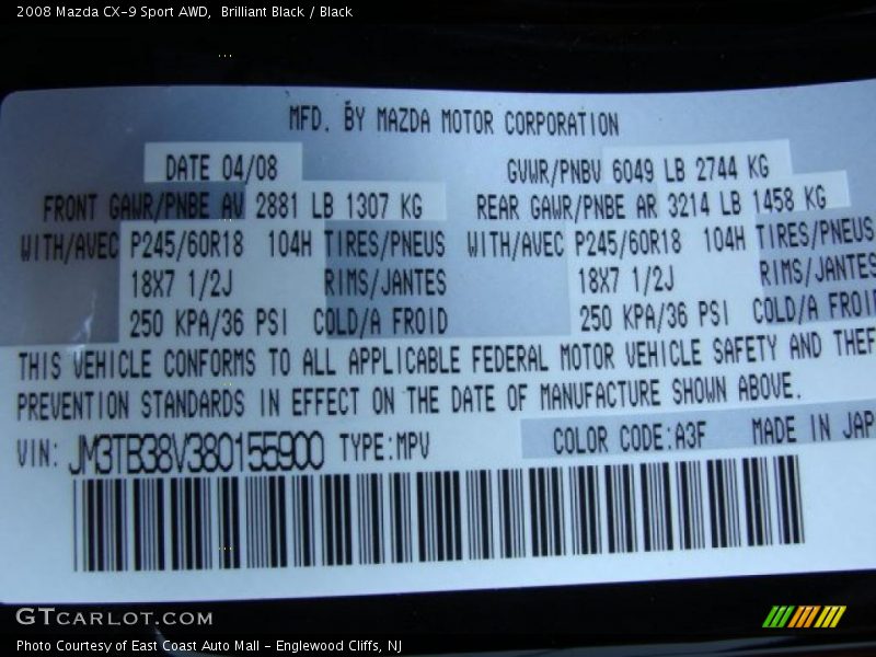 Brilliant Black / Black 2008 Mazda CX-9 Sport AWD