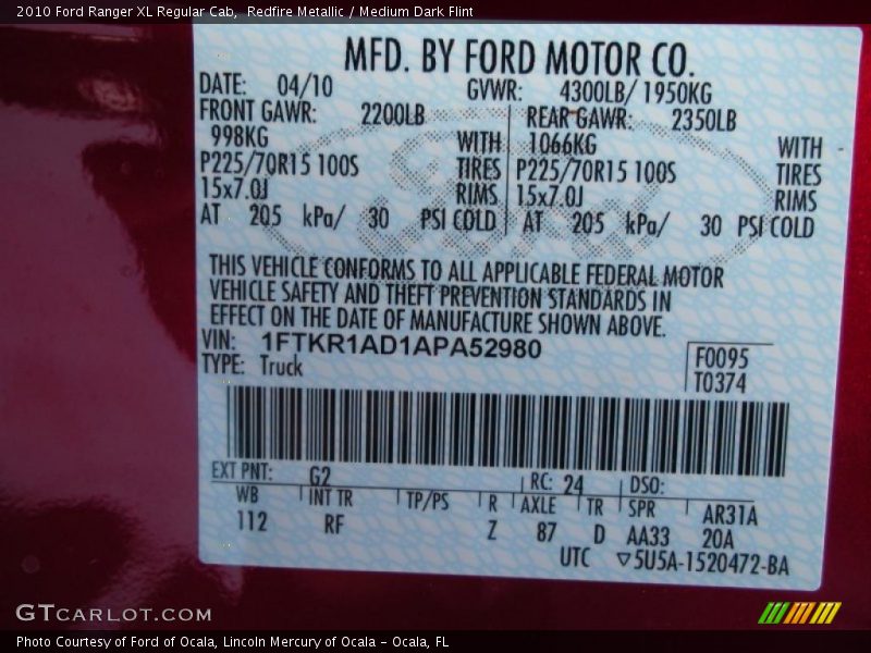 Redfire Metallic / Medium Dark Flint 2010 Ford Ranger XL Regular Cab