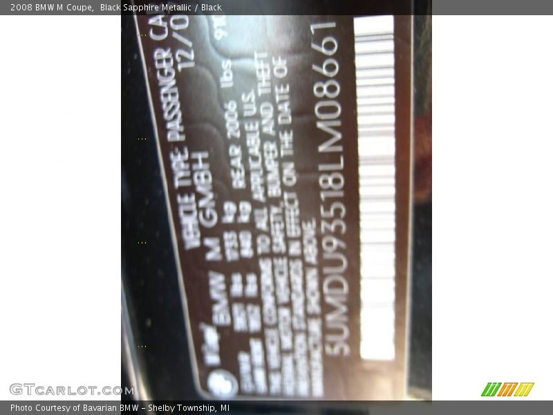 Black Sapphire Metallic / Black 2008 BMW M Coupe