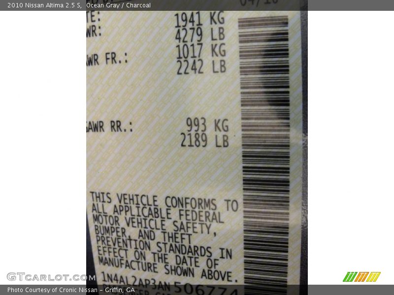 Ocean Gray / Charcoal 2010 Nissan Altima 2.5 S