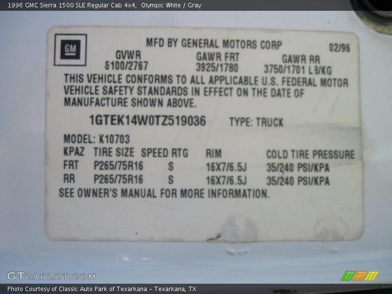 Olympic White / Gray 1996 GMC Sierra 1500 SLE Regular Cab 4x4