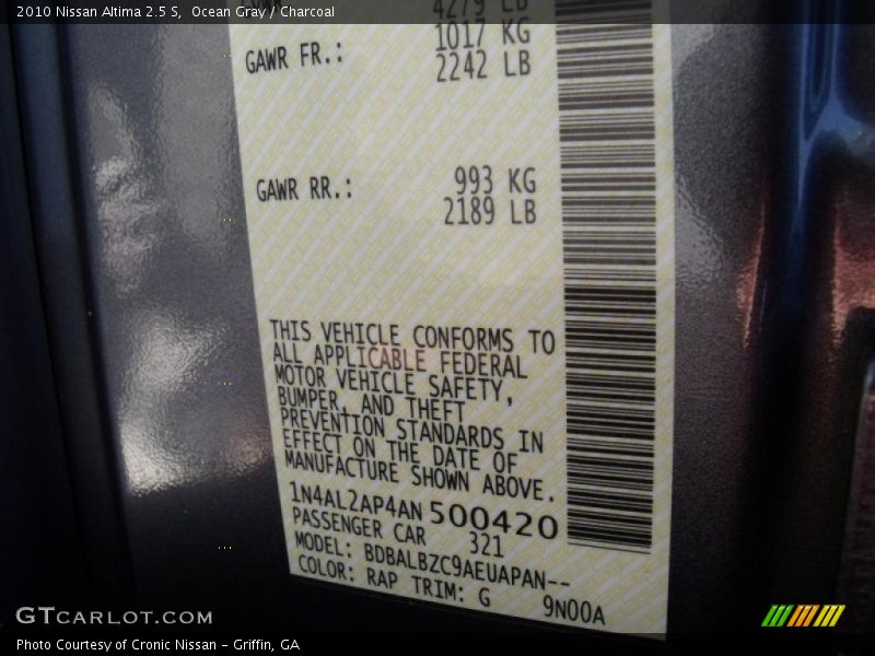 Ocean Gray / Charcoal 2010 Nissan Altima 2.5 S