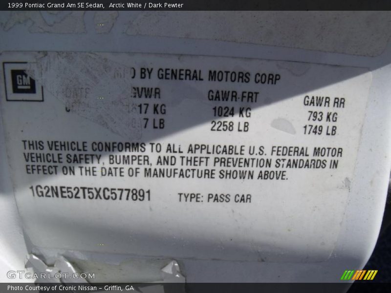 Arctic White / Dark Pewter 1999 Pontiac Grand Am SE Sedan