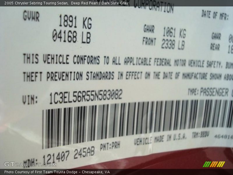 Deep Red Pearl / Dark Slate Gray 2005 Chrysler Sebring Touring Sedan