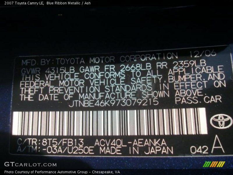 Blue Ribbon Metallic / Ash 2007 Toyota Camry LE