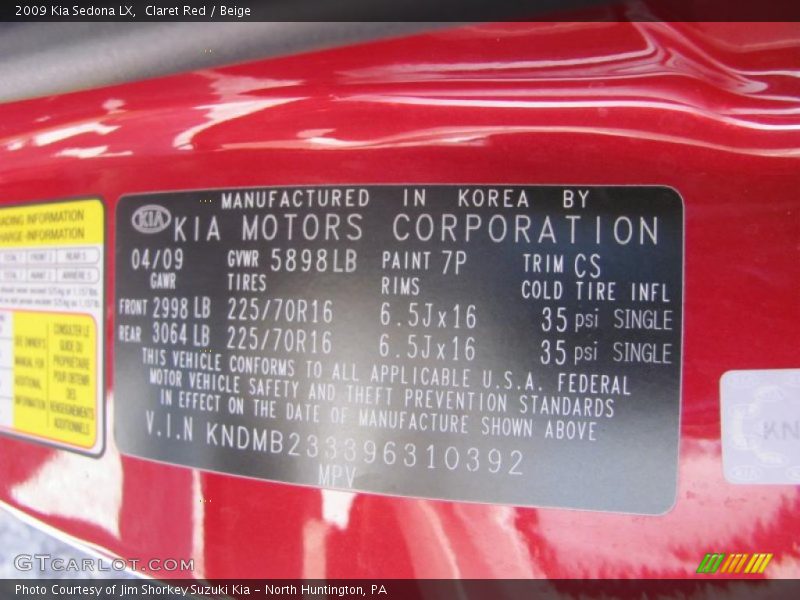 Claret Red / Beige 2009 Kia Sedona LX