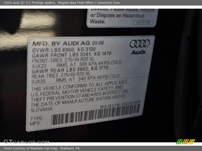Mugello Blue Pearl Effect / Limestone Grey 2009 Audi Q7 4.2 Prestige quattro