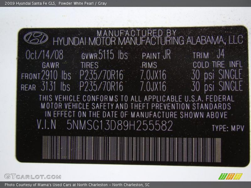 Powder White Pearl / Gray 2009 Hyundai Santa Fe GLS