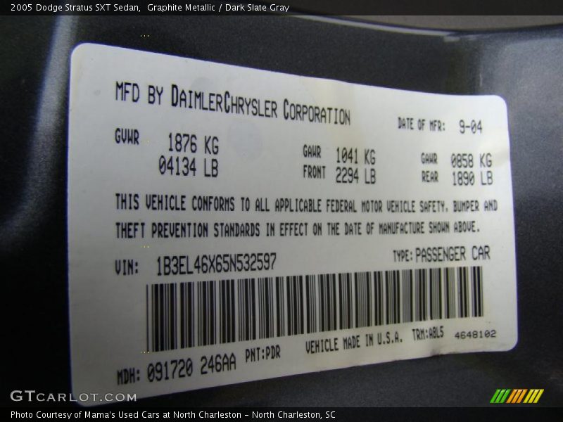 Graphite Metallic / Dark Slate Gray 2005 Dodge Stratus SXT Sedan