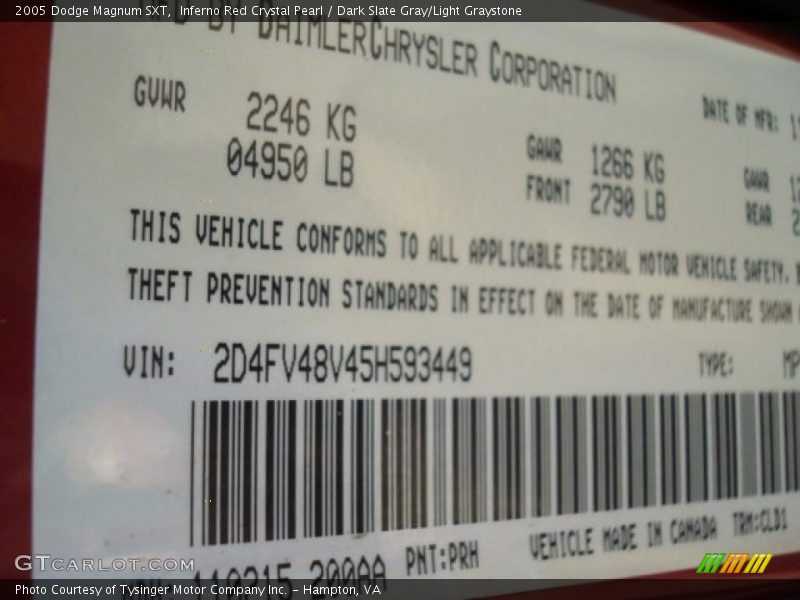 Inferno Red Crystal Pearl / Dark Slate Gray/Light Graystone 2005 Dodge Magnum SXT