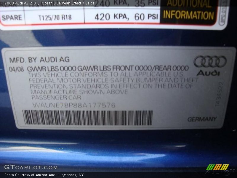 Ocean Blue Pearl Effect / Beige 2008 Audi A3 2.0T