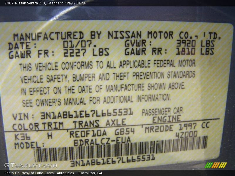 Magnetic Gray / Beige 2007 Nissan Sentra 2.0