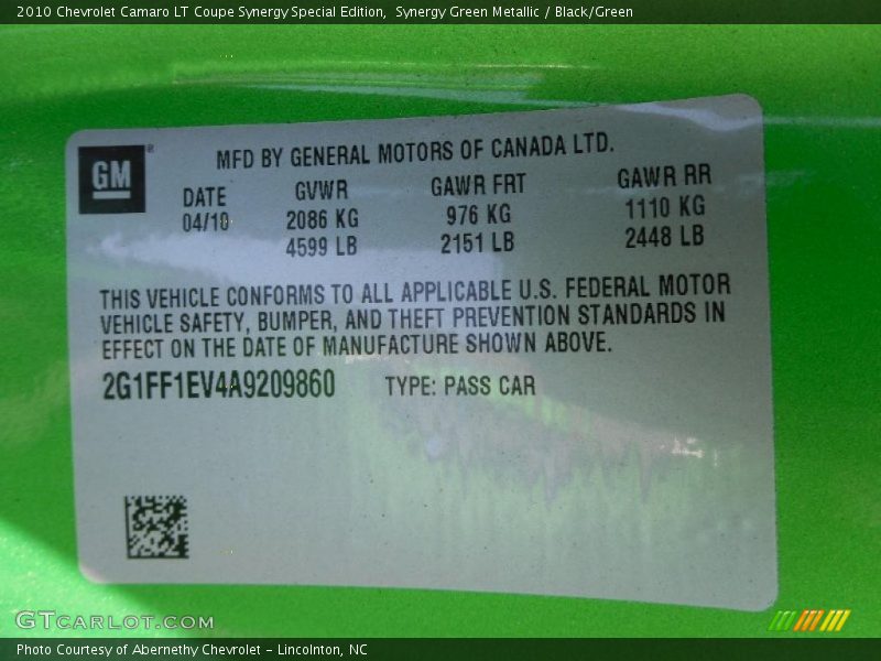 Synergy Green Metallic / Black/Green 2010 Chevrolet Camaro LT Coupe Synergy Special Edition