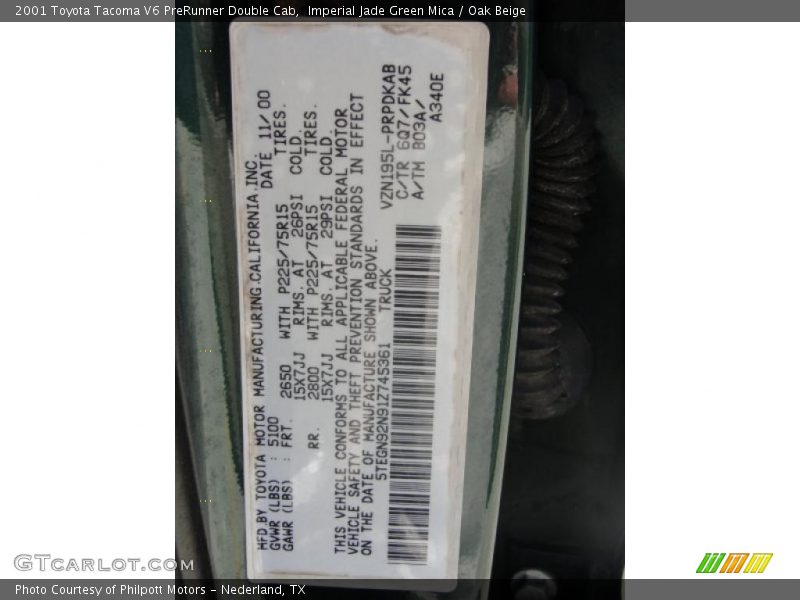 Imperial Jade Green Mica / Oak Beige 2001 Toyota Tacoma V6 PreRunner Double Cab