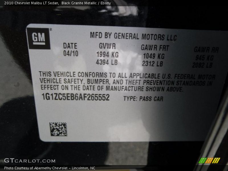 Black Granite Metallic / Ebony 2010 Chevrolet Malibu LT Sedan