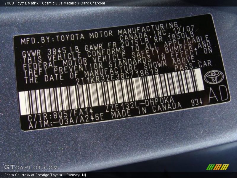 Cosmic Blue Metallic / Dark Charcoal 2008 Toyota Matrix