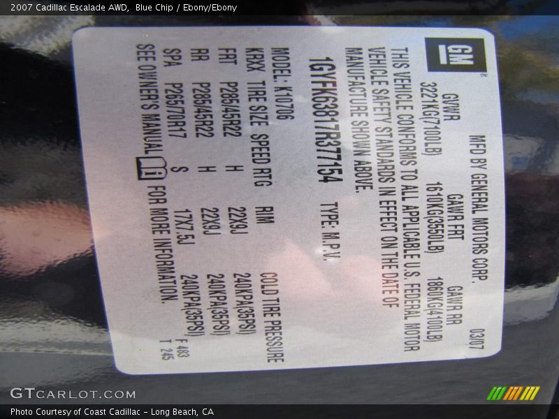 Blue Chip / Ebony/Ebony 2007 Cadillac Escalade AWD
