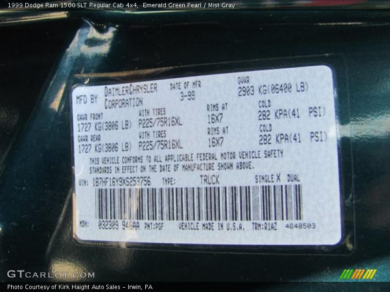 Emerald Green Pearl / Mist Gray 1999 Dodge Ram 1500 SLT Regular Cab 4x4