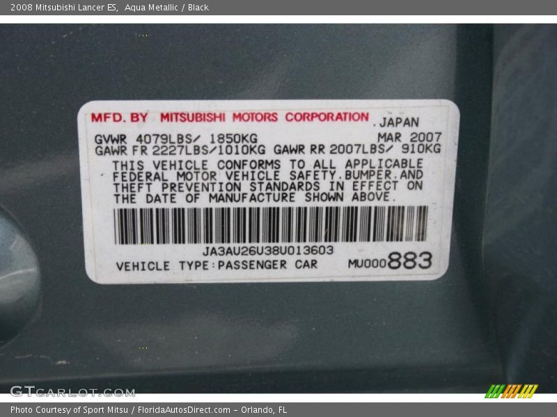 Aqua Metallic / Black 2008 Mitsubishi Lancer ES