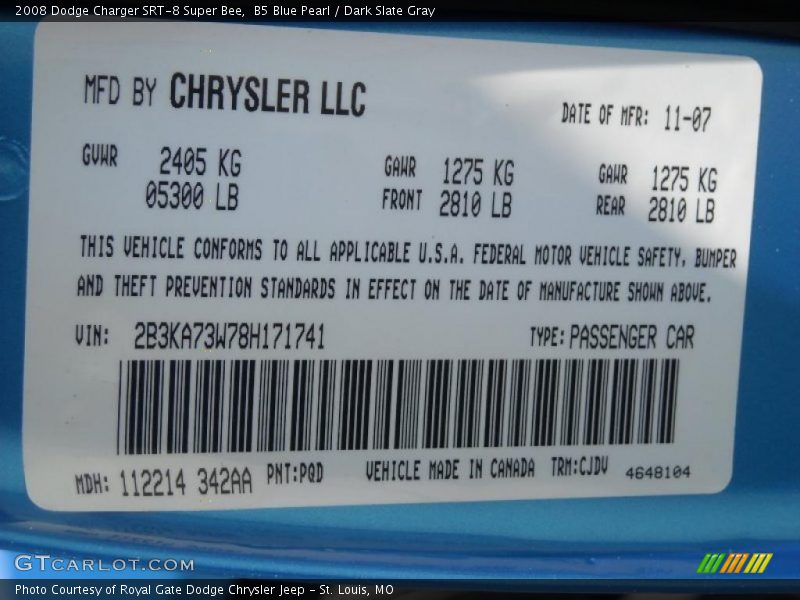 B5 Blue Pearl / Dark Slate Gray 2008 Dodge Charger SRT-8 Super Bee