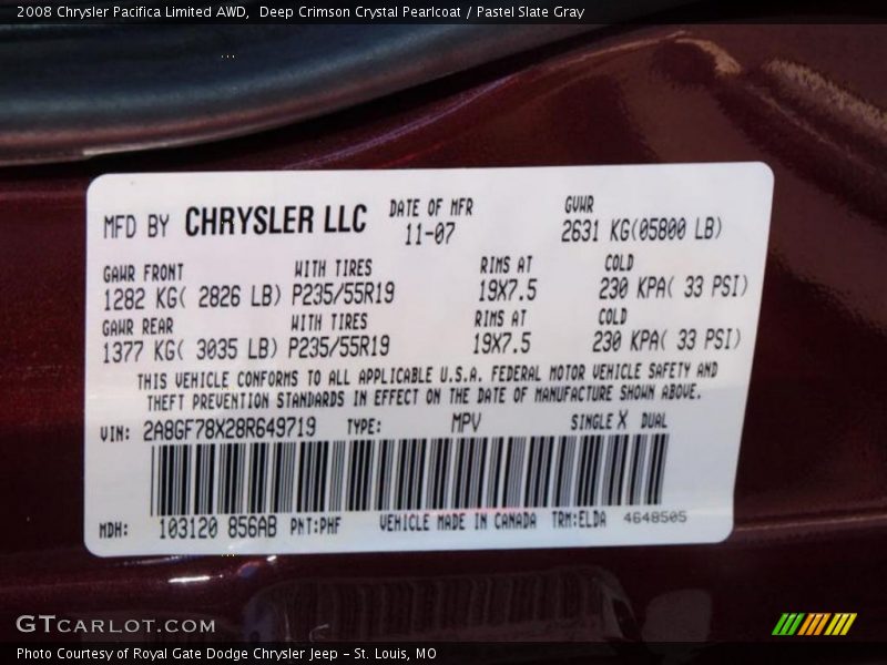Deep Crimson Crystal Pearlcoat / Pastel Slate Gray 2008 Chrysler Pacifica Limited AWD