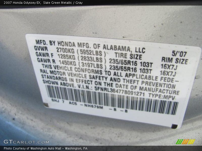 Slate Green Metallic / Gray 2007 Honda Odyssey EX