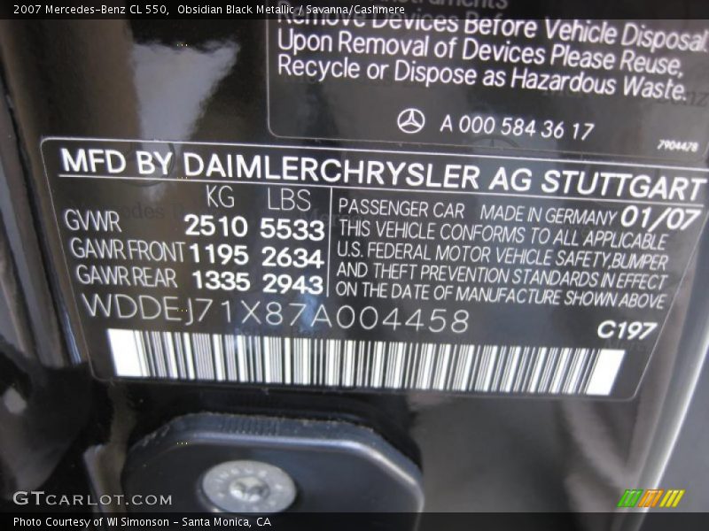 Obsidian Black Metallic / Savanna/Cashmere 2007 Mercedes-Benz CL 550