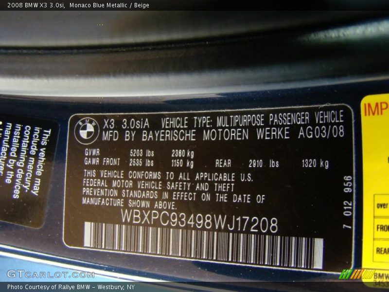 Monaco Blue Metallic / Beige 2008 BMW X3 3.0si