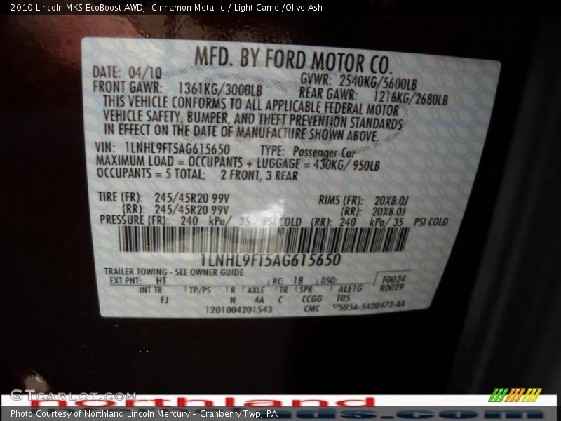 Cinnamon Metallic / Light Camel/Olive Ash 2010 Lincoln MKS EcoBoost AWD