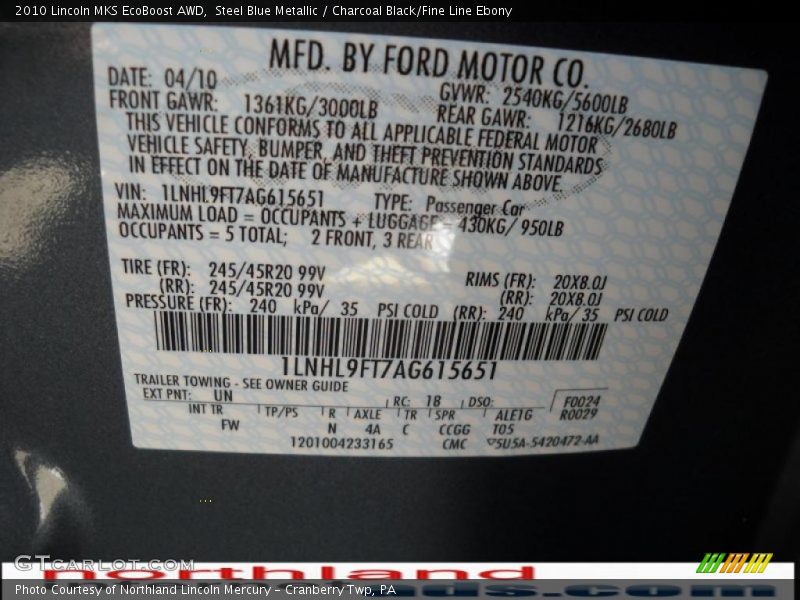 Steel Blue Metallic / Charcoal Black/Fine Line Ebony 2010 Lincoln MKS EcoBoost AWD