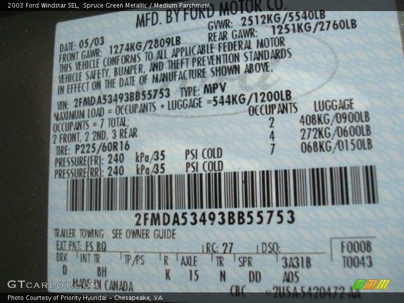 Spruce Green Metallic / Medium Parchment 2003 Ford Windstar SEL