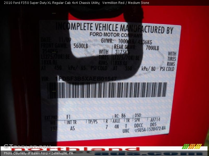 Vermillion Red / Medium Stone 2010 Ford F350 Super Duty XL Regular Cab 4x4 Chassis Utility
