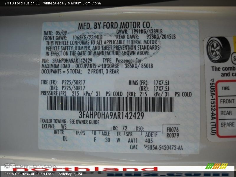 White Suede / Medium Light Stone 2010 Ford Fusion SE