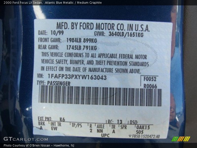 Atlantic Blue Metallic / Medium Graphite 2000 Ford Focus LX Sedan