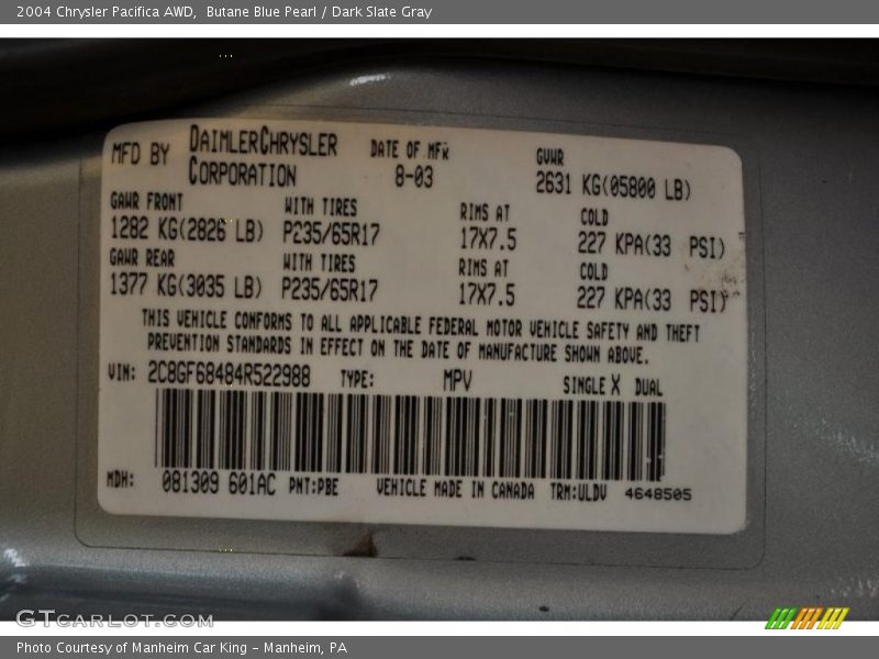 Butane Blue Pearl / Dark Slate Gray 2004 Chrysler Pacifica AWD