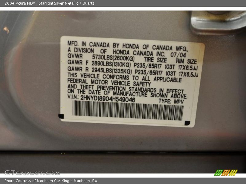 Starlight Silver Metallic / Quartz 2004 Acura MDX