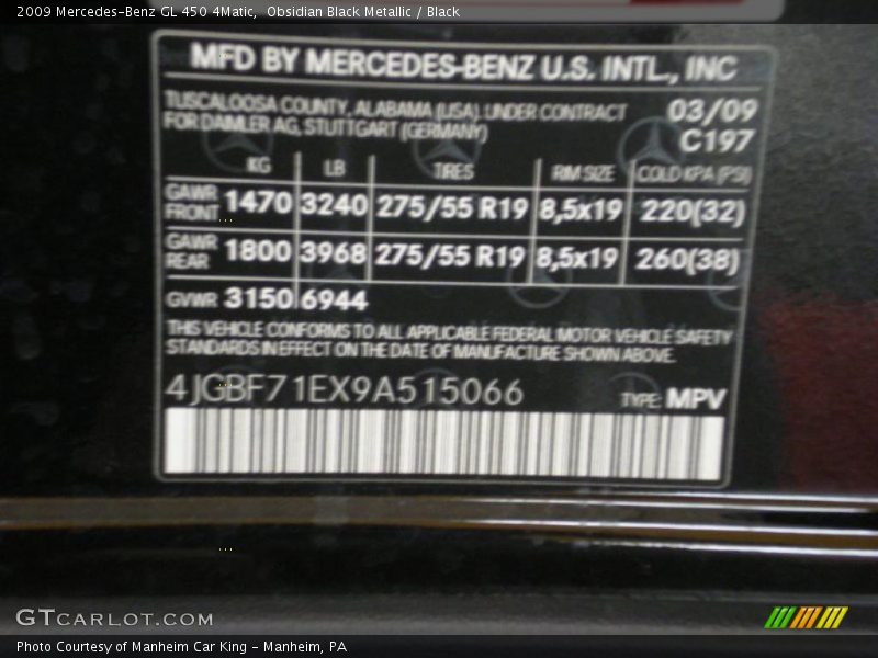 Obsidian Black Metallic / Black 2009 Mercedes-Benz GL 450 4Matic