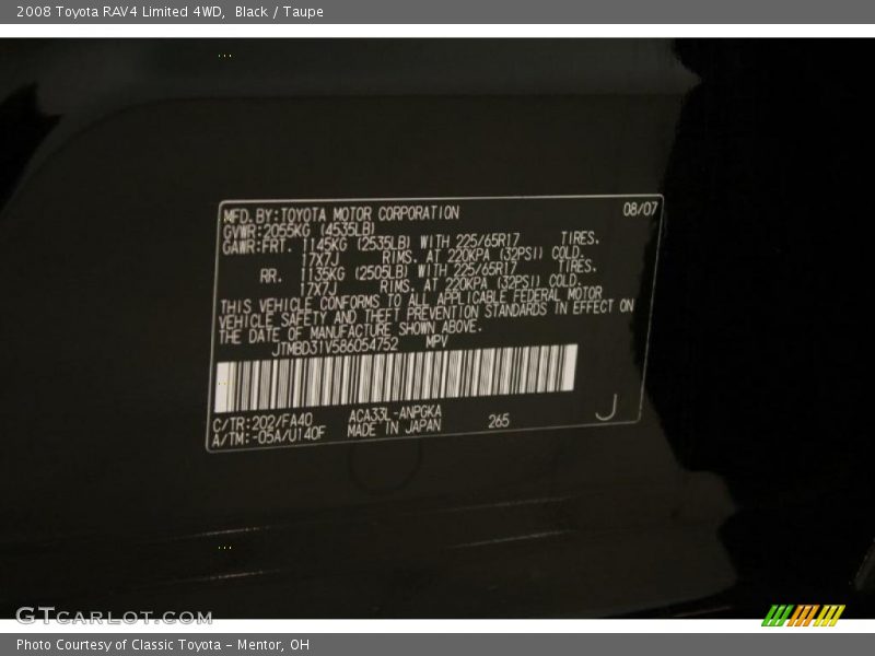 Black / Taupe 2008 Toyota RAV4 Limited 4WD