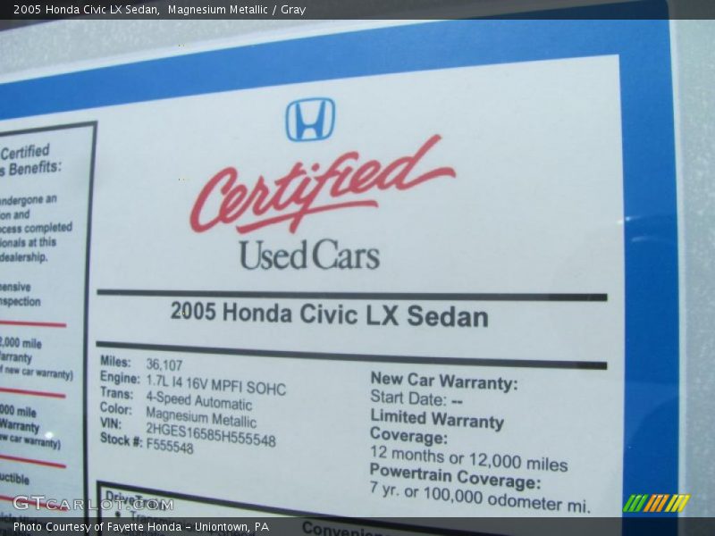 Magnesium Metallic / Gray 2005 Honda Civic LX Sedan
