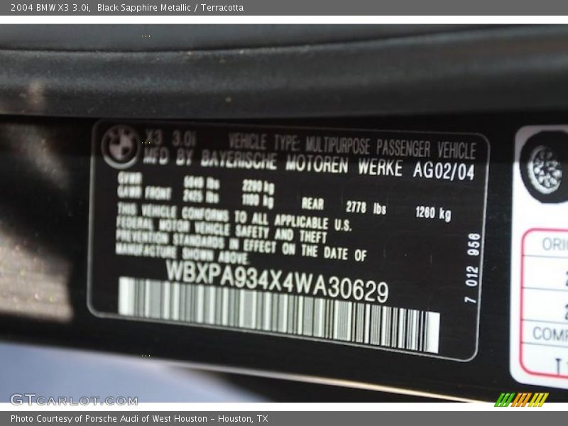 Black Sapphire Metallic / Terracotta 2004 BMW X3 3.0i