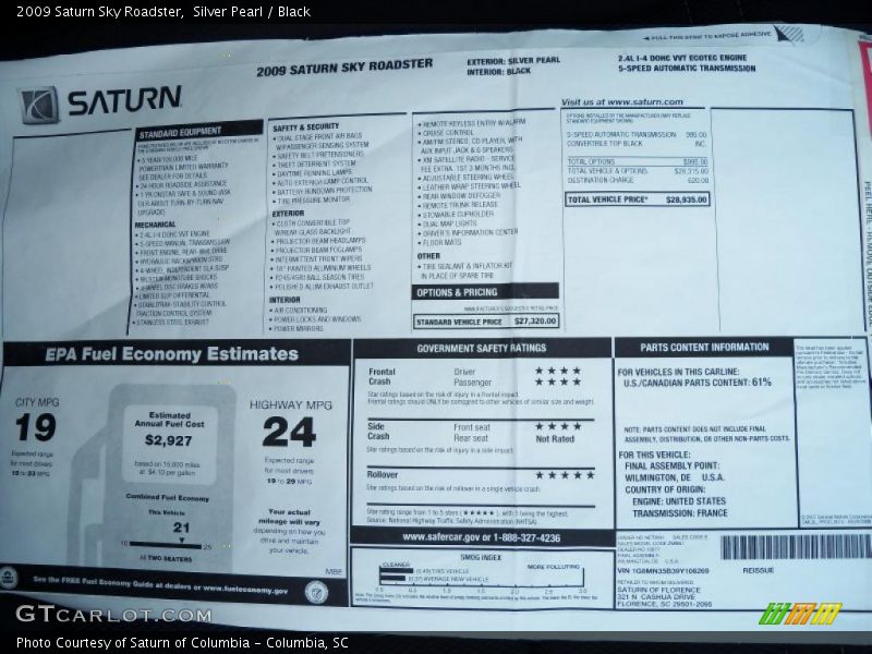 Silver Pearl / Black 2009 Saturn Sky Roadster