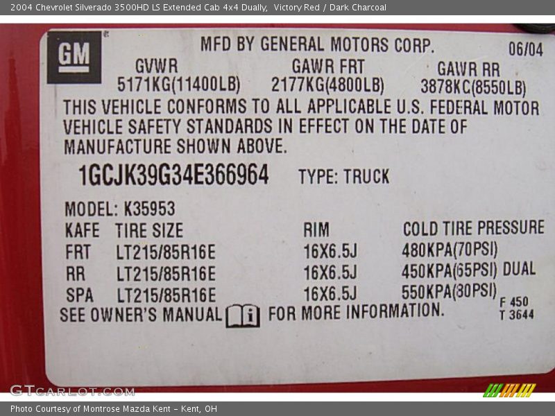 Victory Red / Dark Charcoal 2004 Chevrolet Silverado 3500HD LS Extended Cab 4x4 Dually