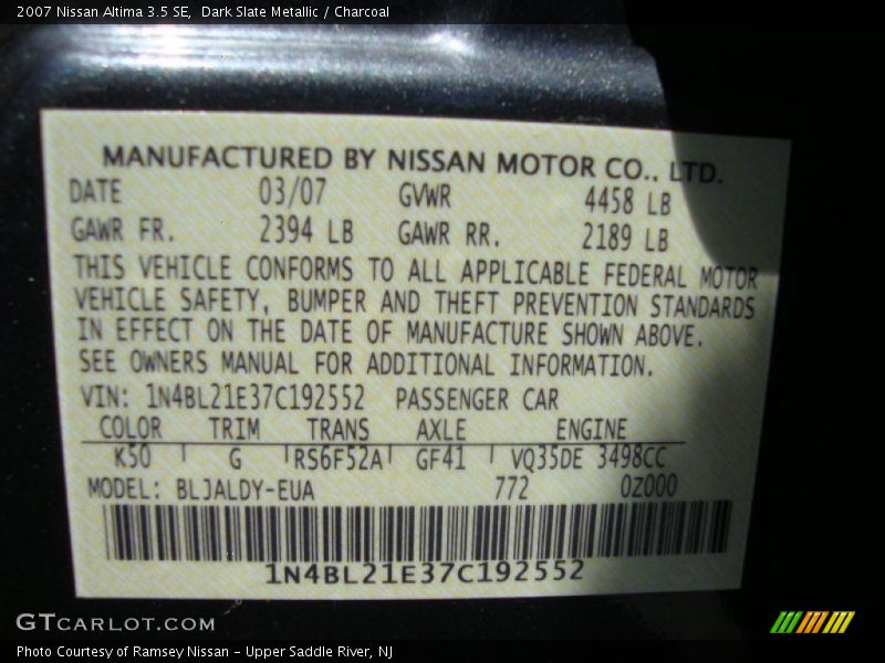 Dark Slate Metallic / Charcoal 2007 Nissan Altima 3.5 SE