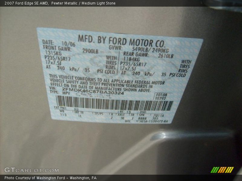 Pewter Metallic / Medium Light Stone 2007 Ford Edge SE AWD
