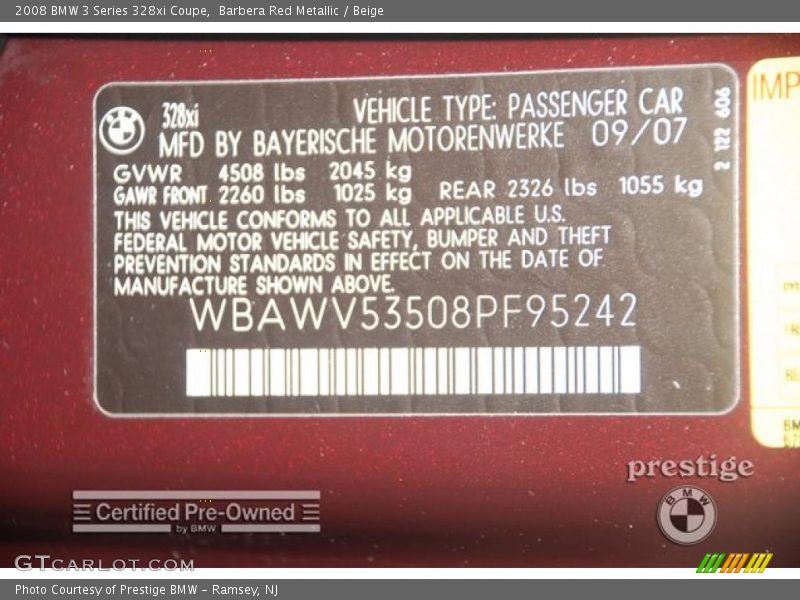 Barbera Red Metallic / Beige 2008 BMW 3 Series 328xi Coupe